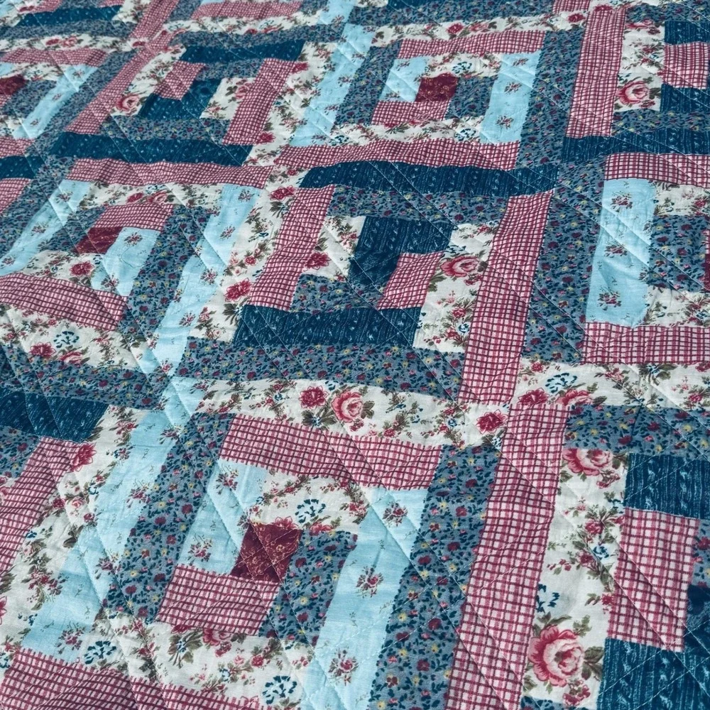 Colormate Full Size Patchwork Quilt Vintage Floral Gingham Log Cabin Pattern